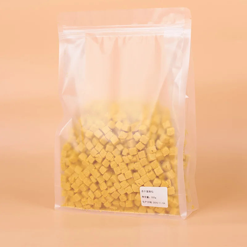 Snacks séchés au congélateur pour animaux domestiques, œufs de poulet, de canard, de caille, jaunes, pour chiens et chats, vente en gros, 500g