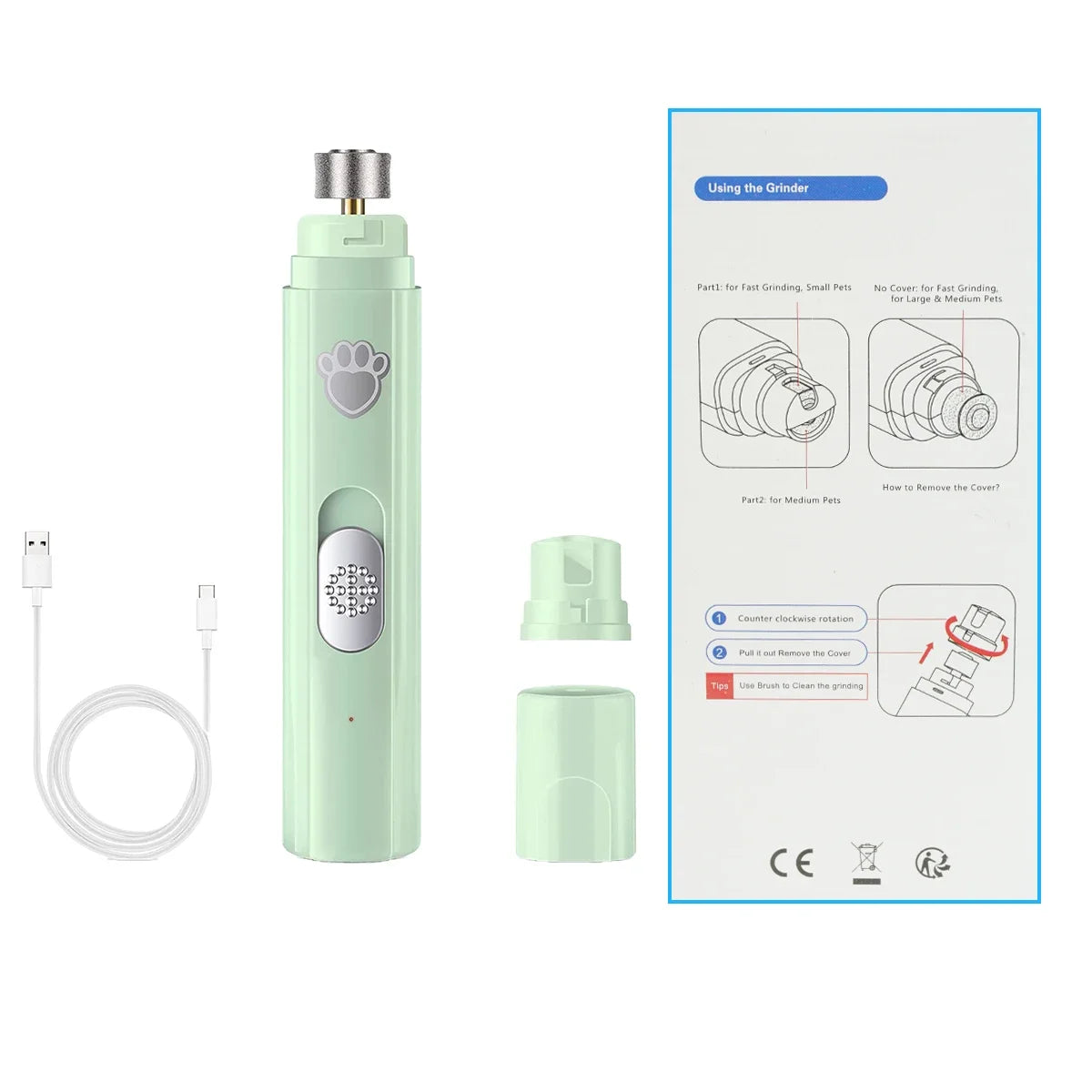 Broyeur à ongles électrique pour chien, coupe-ongles pour animaux de compagnie, Rechargeable par USB, indolore avec roue de polissage pour petits/grands animaux de compagnie