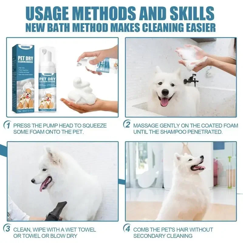 Shampoing sans eau pour chien et chat, sans rinçage, Mousse de nettoyage pour chiens et chats, fournitures de toilettage pour animaux de compagnie, nettoyage sûr sans bain, éliminateur d'odeurs