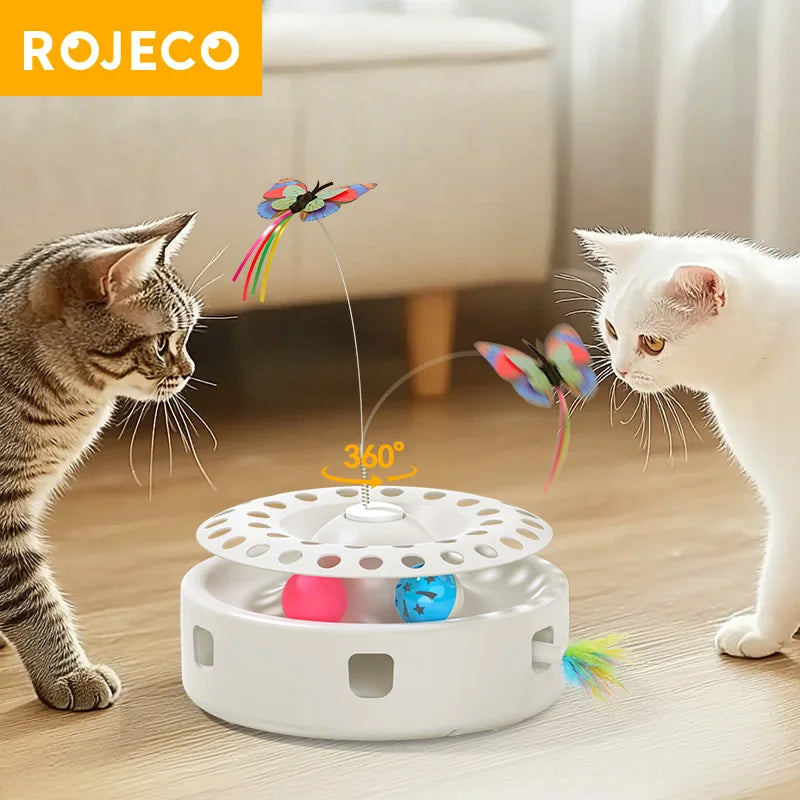 ROJECO – jouet automatique 3 en 1 pour chat, jouet électrique pour taquiner le papillon, boules de piste, plumes d'emboscillement, ensemble de jouets interactifs amusants pour animaux de compagnie, fourniture pour chat