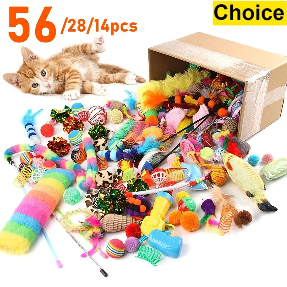 Pack mixte de jouets pour chats, 56 pièces/28 pièces/14 pièces. Une combinaison de divers jouets en plastique et de jouets en peluche adaptés à plusieurs chats à jouer