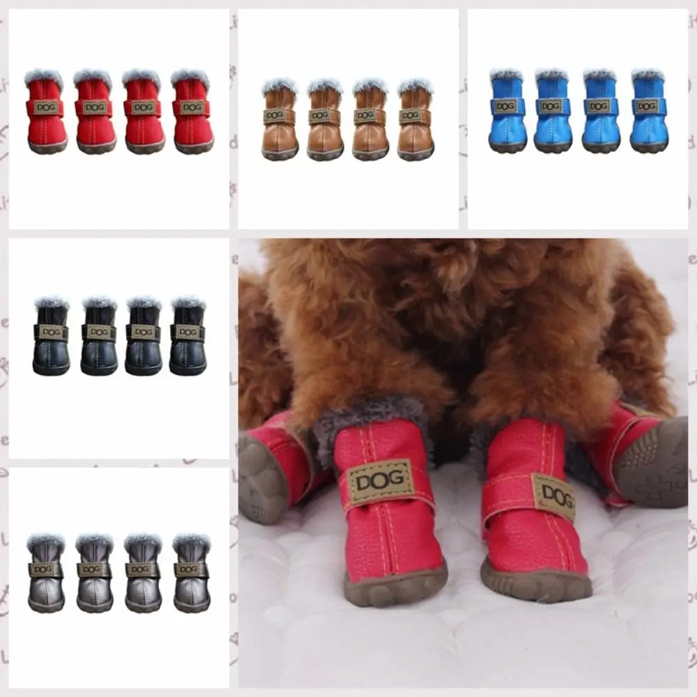 Bottes de neige imperméables pour animaux de compagnie, chaussures coordonnantes pour chien, peluche douce, PU, chaudes, mode, hiver, ensemble de 4 pièces