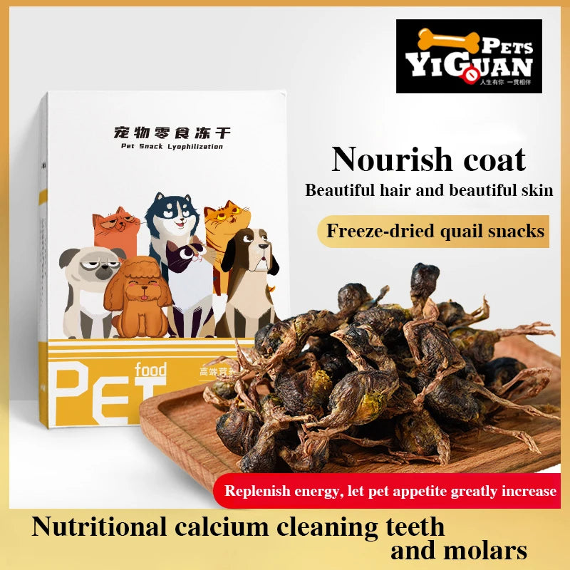 Friandises lyophilisées pour chats et chiens : viande de caille pour chatons et caille lyophilisée pour chiens