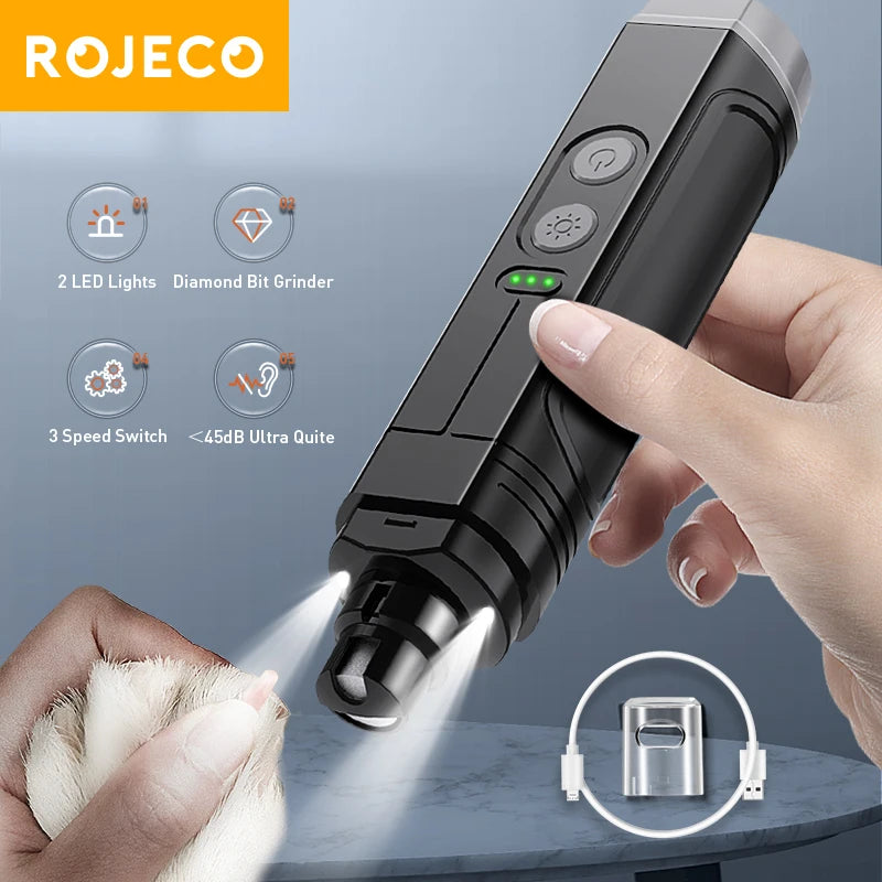 ROJECO-Broyeur à ongles électrique P3 pour animaux de compagnie, coupe-ongles professionnel pour chien, 2 lumières LED, aste, griffe de chat, accessoires de toilettage