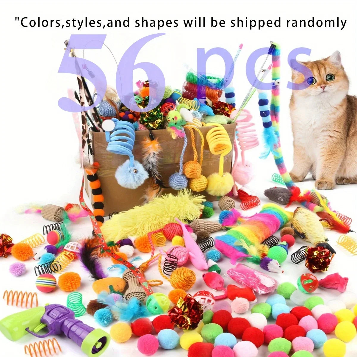 Pack mixte de jouets pour chats, 56 pièces/28 pièces/14 pièces. Une combinaison de divers jouets en plastique et de jouets en peluche adaptés à plusieurs chats à jouer