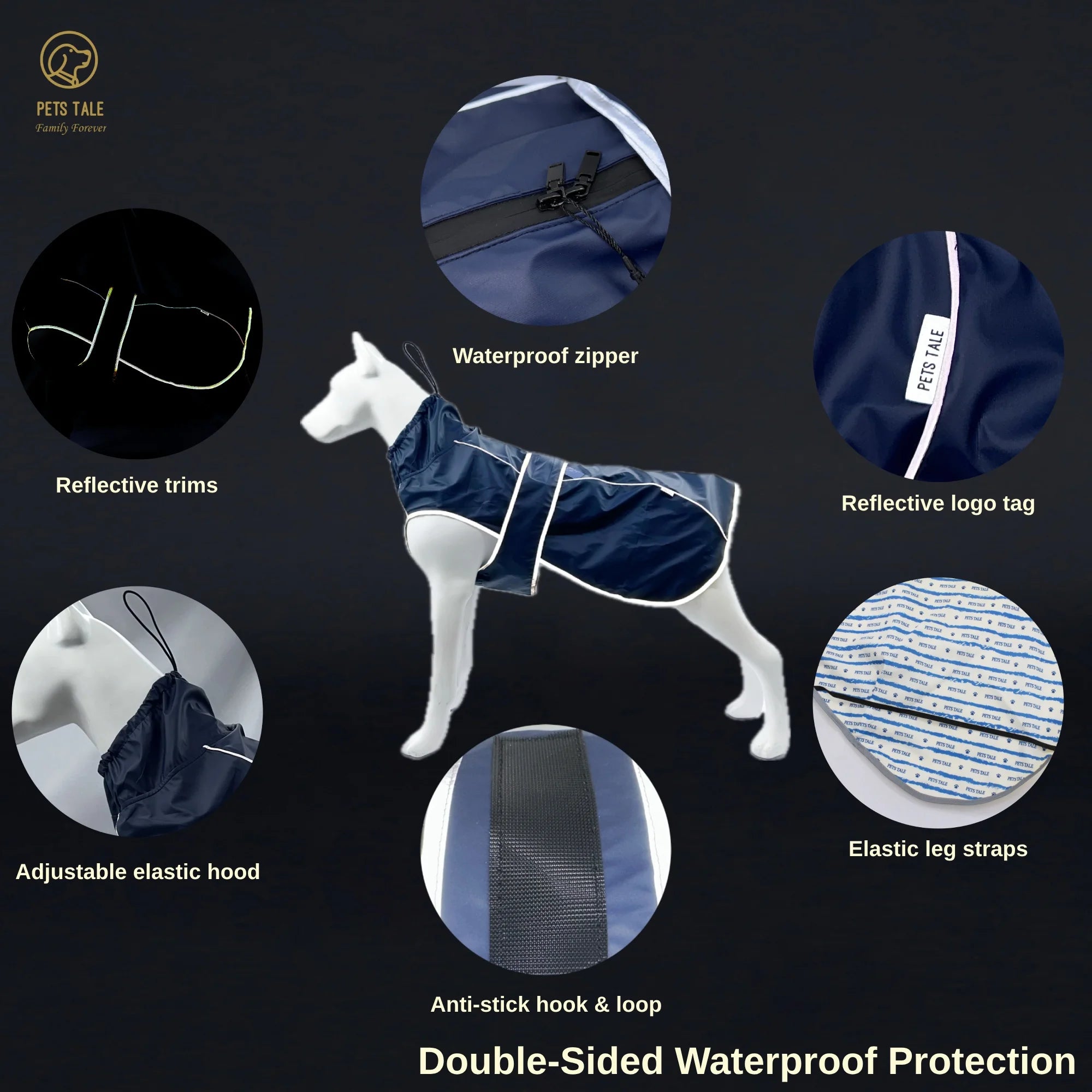 Imperméable imperméable pour chien avec bandes réfléchissantes et capuche réglable - Rouge, Jaune, Bleu Marine