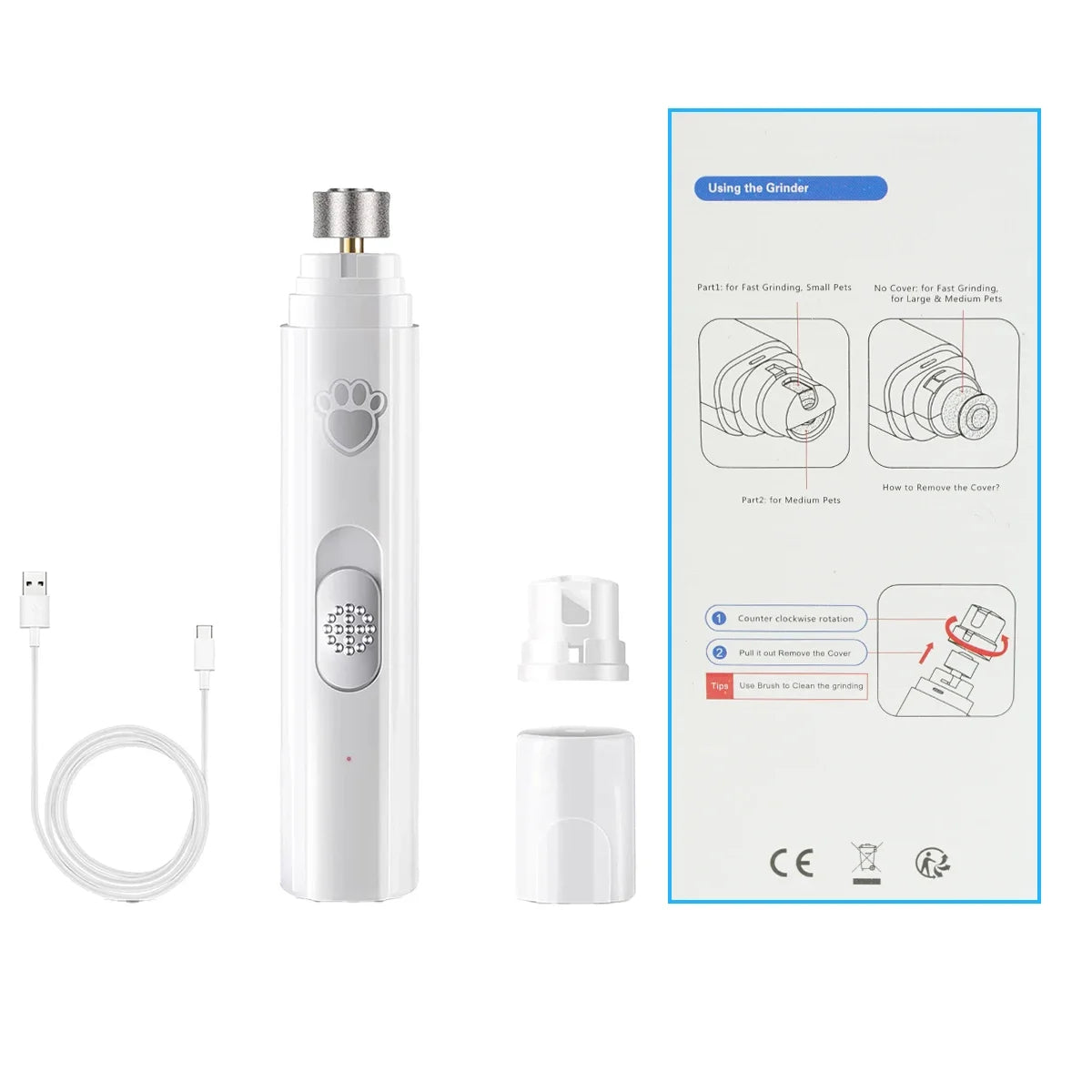 Broyeur à ongles électrique pour chien, coupe-ongles pour animaux de compagnie, Rechargeable par USB, indolore avec roue de polissage pour petits/grands animaux de compagnie