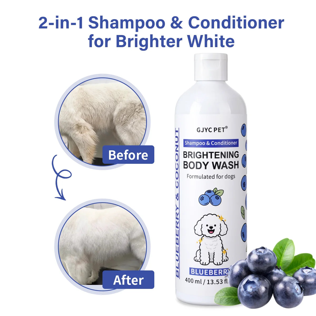 Shampoing professionnel blanchissant pour chiens, formule éclaircissante aux myrtilles, améliore la brillance de la fourrure, la douceur, soins de toilettage pour animaux de compagnie