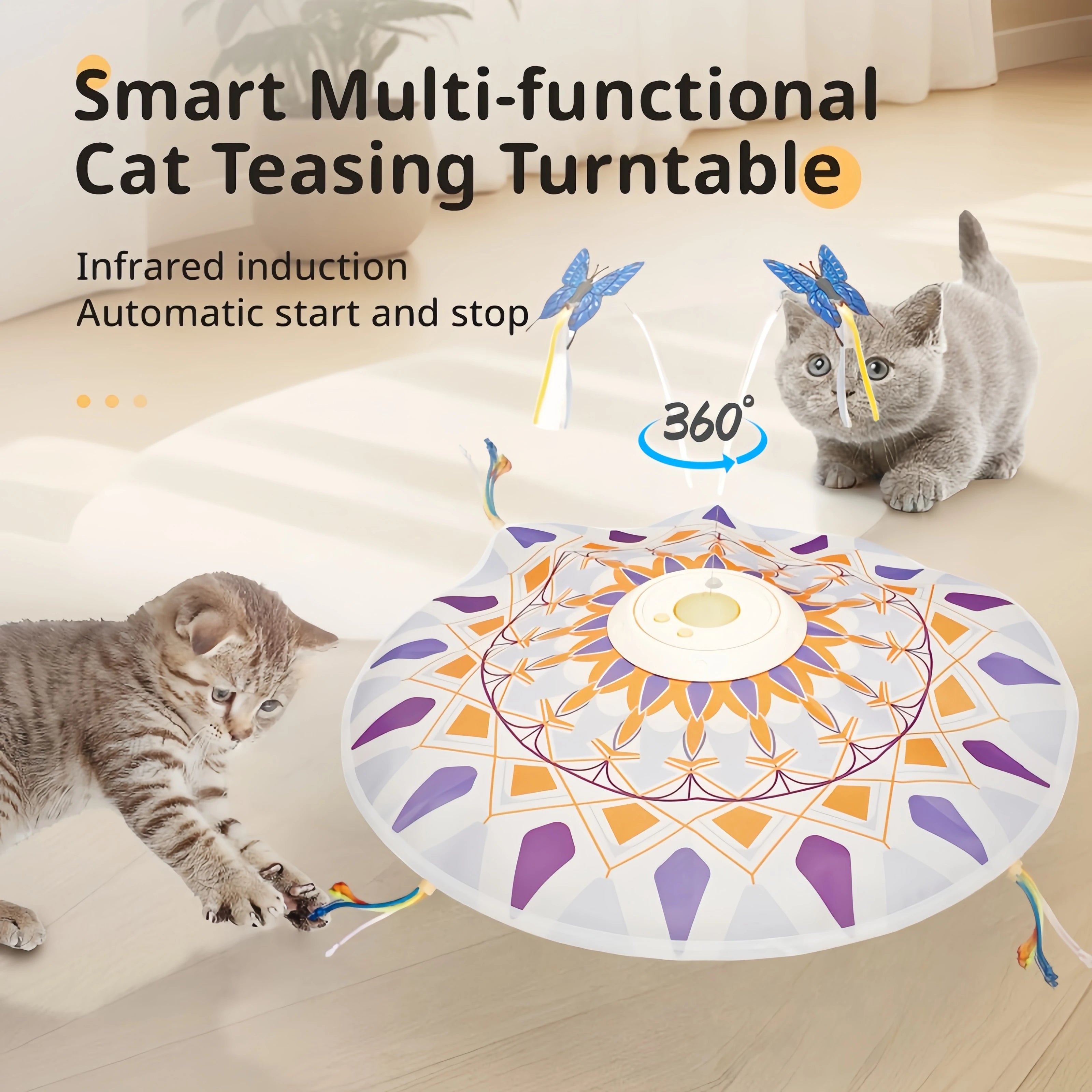 Jouet interactif 3en1 rotatif à plumes — chat