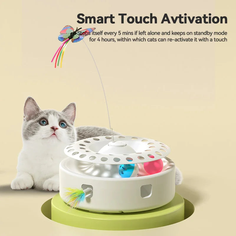 ROJECO – jouet automatique 3 en 1 pour chat, jouet électrique pour taquiner le papillon, boules de piste, plumes d'emboscillement, ensemble de jouets interactifs amusants pour animaux de compagnie, fourniture pour chat