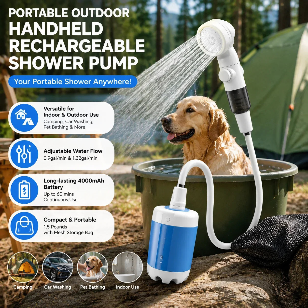 Douche extérieure Portable et Rechargeable, conception compacte, flux de douche doux pour le bain des chiens, lavage de voiture, arrosage des fleurs