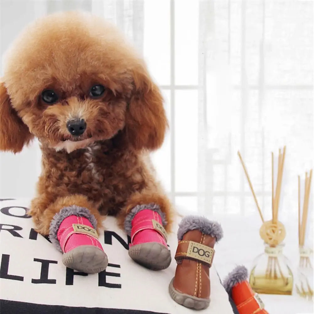 Bottes de neige imperméables pour animaux de compagnie, chaussures coordonnantes pour chien, peluche douce, PU, chaudes, mode, hiver, ensemble de 4 pièces