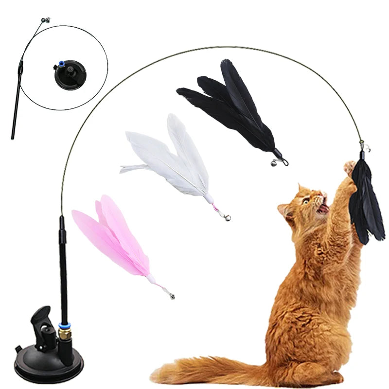 Jouet interactif pour chat, bâton mains libres pour chaton, baguette Teaser, jouet à ventouse, plume, fournitures pour animaux de compagnie, Simulation de plume