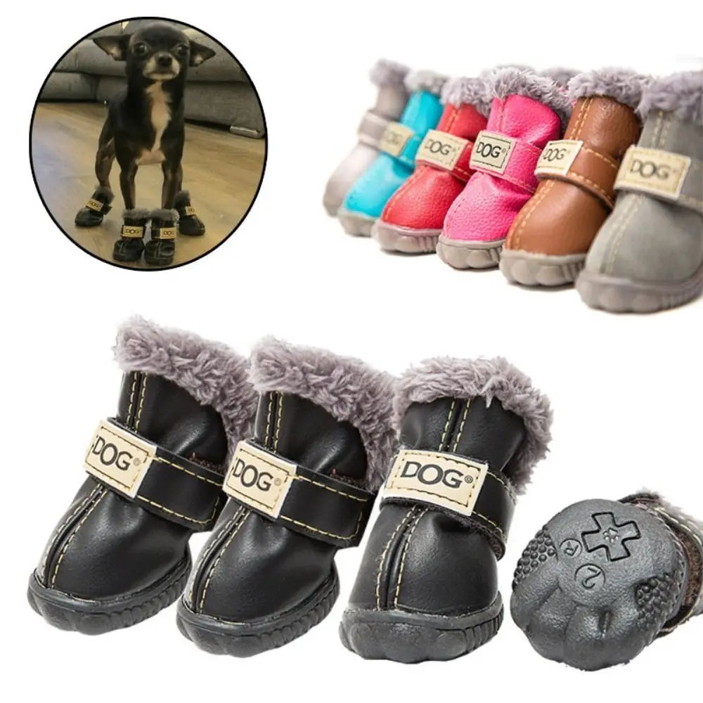 Bottes de neige imperméables pour animaux de compagnie, chaussures coordonnantes pour chien, peluche douce, PU, chaudes, mode, hiver, ensemble de 4 pièces